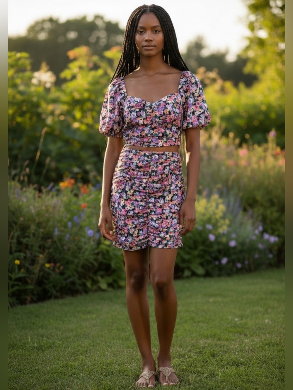 Haute Monde Floral Print Crop Top and Ruched Mini Skirt Set NWT (B)